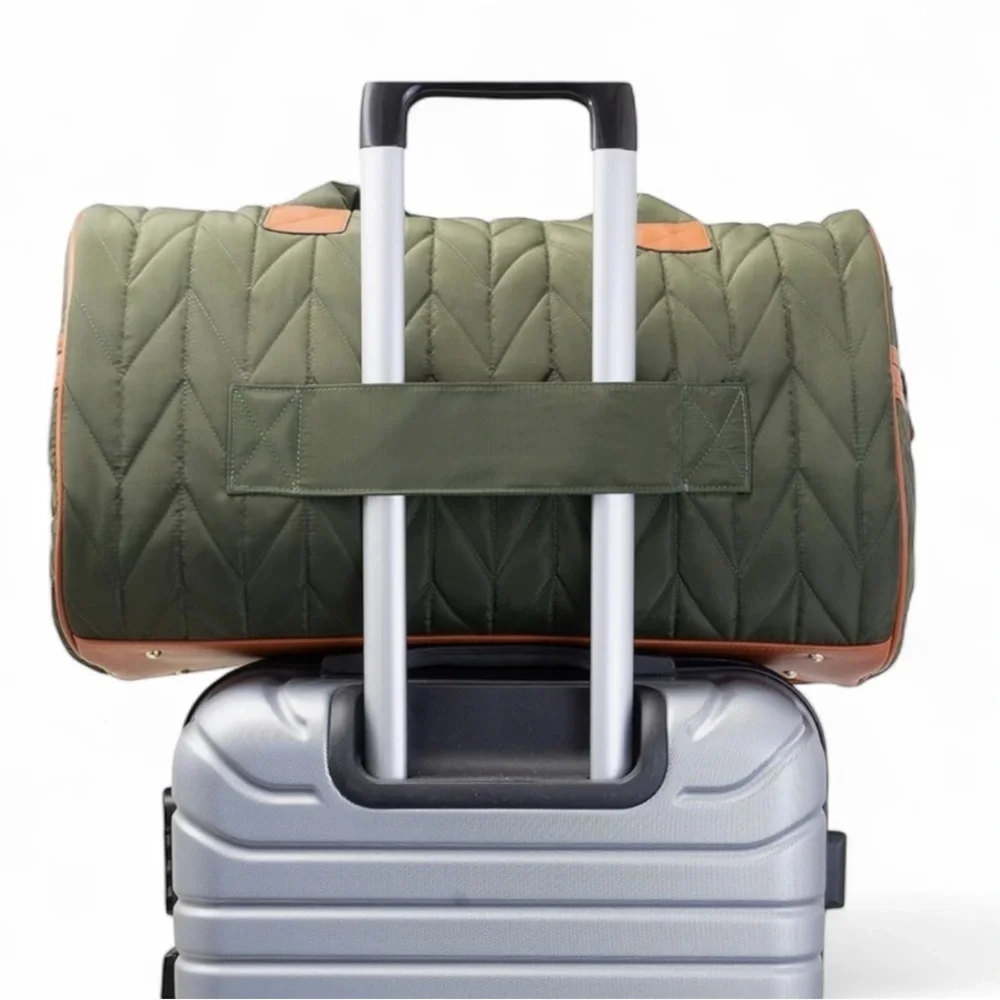 Joan & David Quilted Duffel Bag with Strap & Matching Pouch – Olive Green 20”